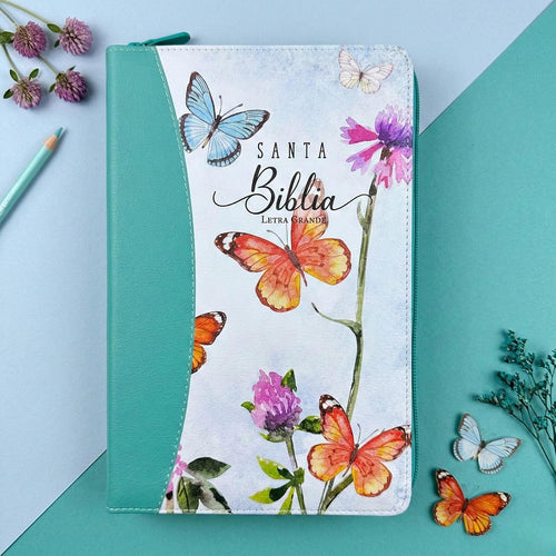 Biblia para Mujeres Letra Grande Reina Valera 1960 cubierta floral y mariposa con indice (Spanish Edition)